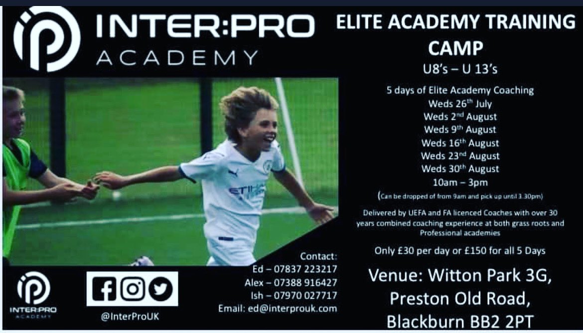 ⚽️⚽️ Elite Academy Training Camps ⚽️⚽️

Every Wednesday in the summer holidays at Witton Park 3G. 

Contact us for more information or to book ☎️