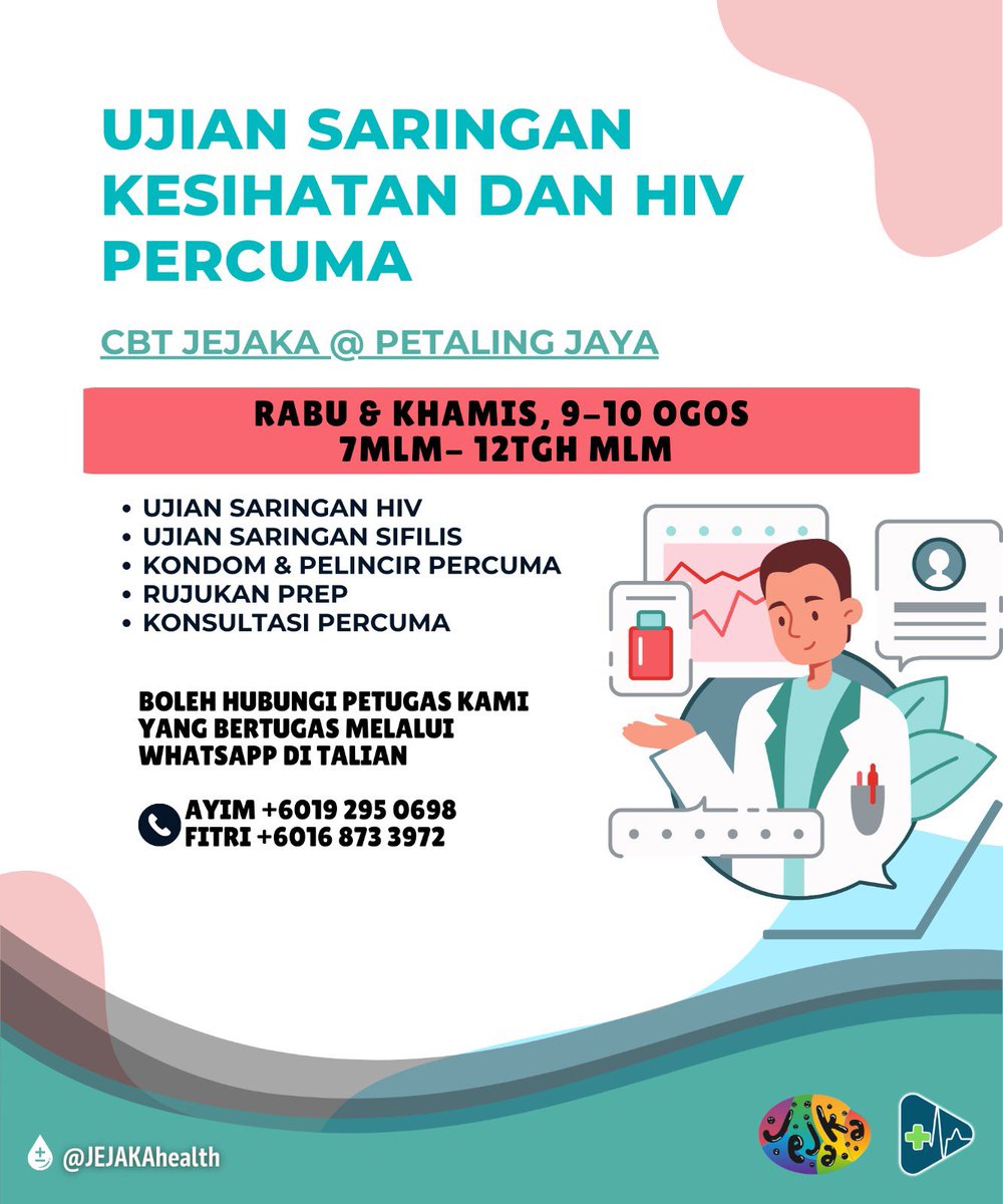 JEJAKAhealth's tweet photo. CBT JEJAKA ada lagi ye! 
Kami akan mengadakan CBT pada 9 - 10 Ogos 2023 (Rabu &amp; Khamis) bertempat di Bukit Gasing, Petaling Jaya. Bermula dari pukul 7 petang hingga 12 tengah malam.
Untuk daftar boleh hubungi petugas kami ikut pada nombor yang tertera di poster. https://t.co/DGdArmna3W