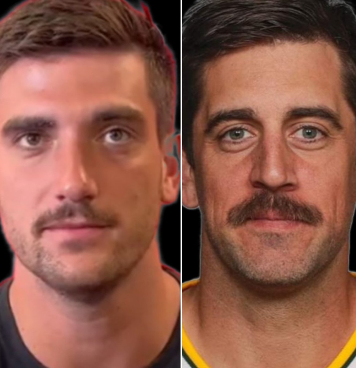 BringBrohmHome's tweet photo. It wouldn't be the first time someone compared @Jackplummer13 to @AaronRodgers12. I mean the resemblance is eerie 👀 From the cool mustache, to the hair! BOTH transferred to, and started for, CAL. We basically have a youthful version of A-Rod! #GoCards #RodgersClone #JackRodgers https://t.co/kTNqSvfXc8