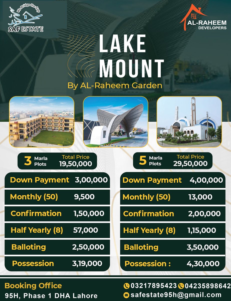 #Lakemount #AlRehmanDevelopers #InstallmentPlots
#dhalahore #InvestAndEarn #plotsforsale #plotsoninstallments
#safestat
Lake Mount a low cost project by Al Raheem Developers on prime location of main GT Road Manawa Lahore.
#easyinstallments
Contact us at 0321-7895423
#everyone