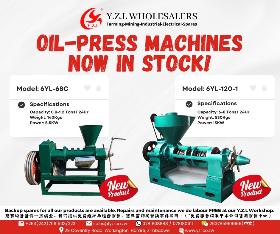 YWholesalers's tweet photo. 📢OIL PRESS MACHINES ARE NOW IN STOCK‼
@agribusinesszw @farmbuzz1 @agribusiness110 @malele_keletso @thekid_farmer @Tanyathe_farmer
@FarMerkiwa @MamboMatienga @FarmingCouple @BaZaaAne @agrisols @ZAGPInfo @FarmDudeZW @farmingfirst @zimagricsociety 
GET YOURS
📞+263(242)756 503/223 https://t.co/J6nXK64Dl9