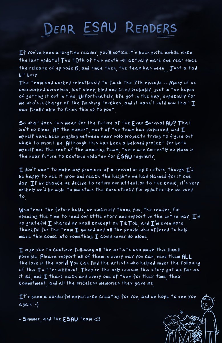 EvanSurvivalAU's tweet photo. a message to our readers! 

here's a link to the text document in case you're having troubles reading it https://t.co/Burkil4NTn https://t.co/GRSzPlrl2g
