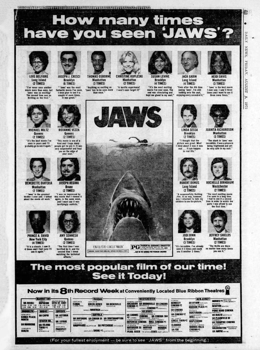 New York newspaper ad for #JAWS, August 8, 1975.

How many times have you seen the #StevenSpielberg #shark film on the big screen? 

Discover a bigger boat of stuff about JAWS here: thedailyjaws.com/jaws