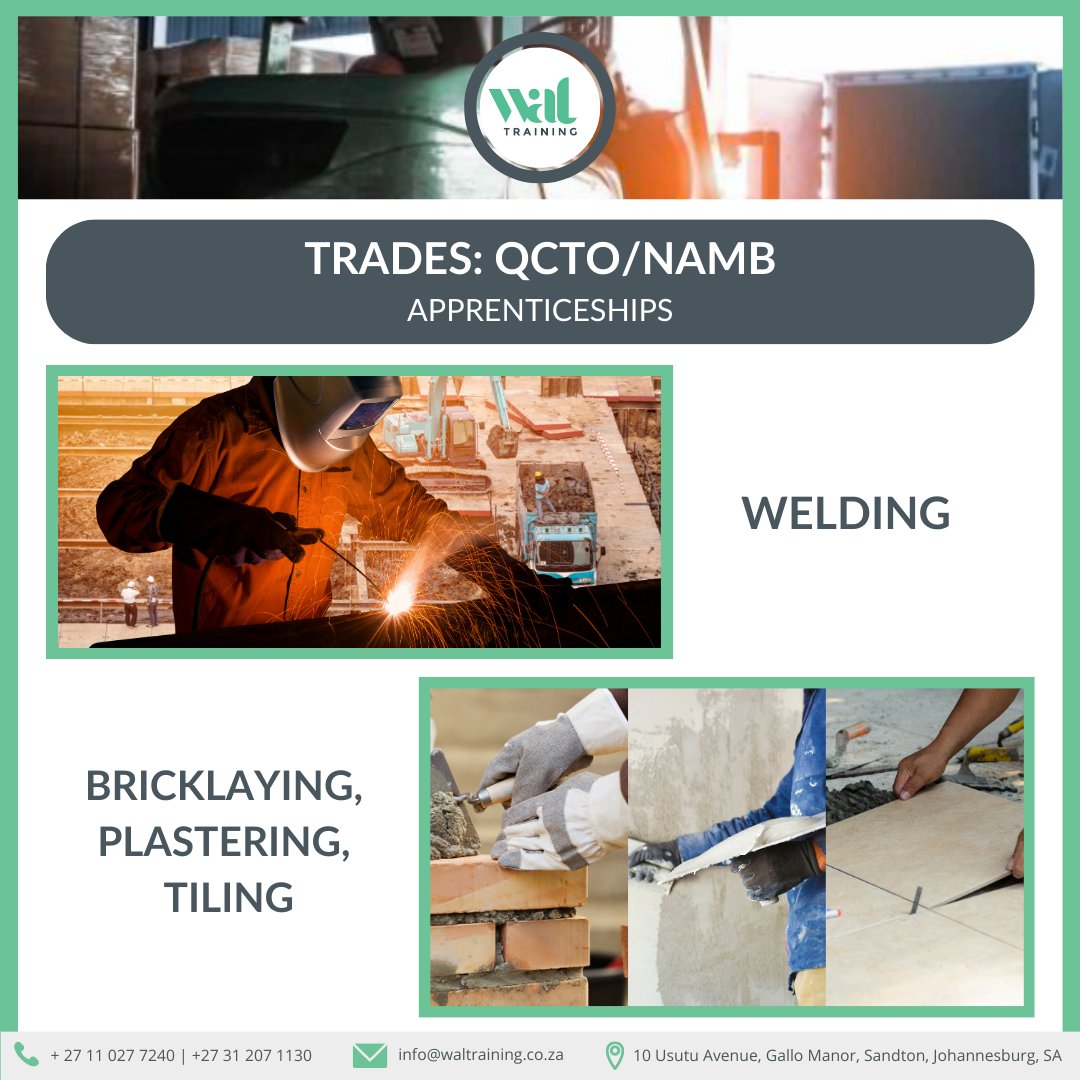 waltrainingza's tweet photo. Explore QCTO/NAMB apprenticeships at Wal Training:
- Welding
- Bricklaying, plastering and tiling

Contact Wal Training today: 011 027 7240.

#WalTraining #Apprenticeships #Trades #CraftYourFuture #SkillsForLife #Welding #Bricklaying #Plastering #Tiling #QCTO #NAMB https://t.co/ca0oar2vix