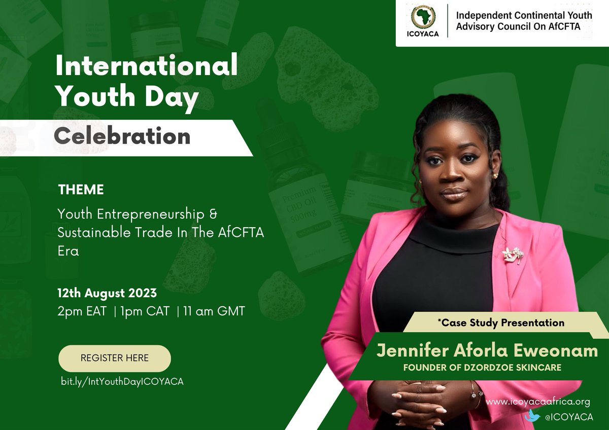 We're excited to also host African  entrepreneur &amp; #AfCFTA Champ <a href="/EweonamJ/">eweonam jennifer</a> at the #ICOYACAYouthDay
She'll present a case study on her experience in incorporating sustainable practices within the AfCFTA.

Don't miss out! 
📌12 August, 2PM EAT
🌐bit.ly/IntYouthDayICO…
<a href="/AfCFTA/">AfCFTA Secretariat Official</a>