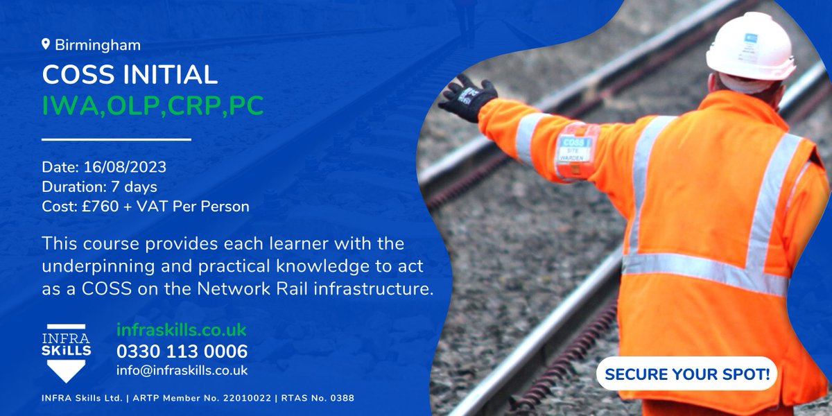 Get ready to take your railway career to the next level with INFRA Skills! 👷‍♂️
📅 COSS Initial Course: 7 days class
📍 Location: Aston, Birmingham

Contact Our Team ⤵
📞0330 113 0006
📧 ben.wilkins@infraskills.co.uk 

#COSS #Rail #birmingham #trainingcourses #railways #trainings