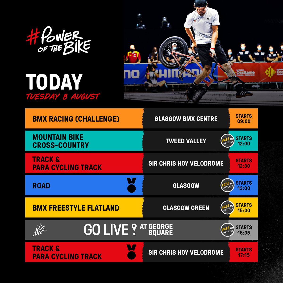 hautesavoie2027's tweet photo. 𝗗𝗔𝗬 6️⃣ at the Champs - HERE WE GO! 🔥

🟠 BMX Racing Challenge
🟢 MTB Cross-country (Short-track practice)
🔴 Track &amp; Para-cycling Track
🔵 Road (Team Time Trial Mixed Relay) 
🟡 BMX Freestyle Flatland

What will you be watching?! 👀

#GlasgowScotland2023 | #PowerOfTheBike https://t.co/a93DcOMgYE