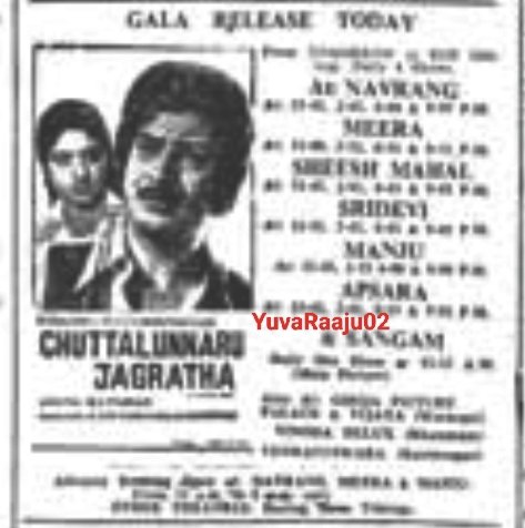 YuvaRaaju02's tweet photo. #43YearsForChuttalunnaruJagrattha
Starring: #SuperStarKrishna garu
Hyd - NAVRANG - 22Days RUN
Secbad - MANJU - 22Days RUN
Both theatres replaced with #Swayamvar
Hit movie ni 3weeks lo lepeydam ento may be Theatre (NAVRANG) unna area valla emo
SANGAM - 100DAYS (MRNG SHOWS) https://t.co/OhPU5qQHFa