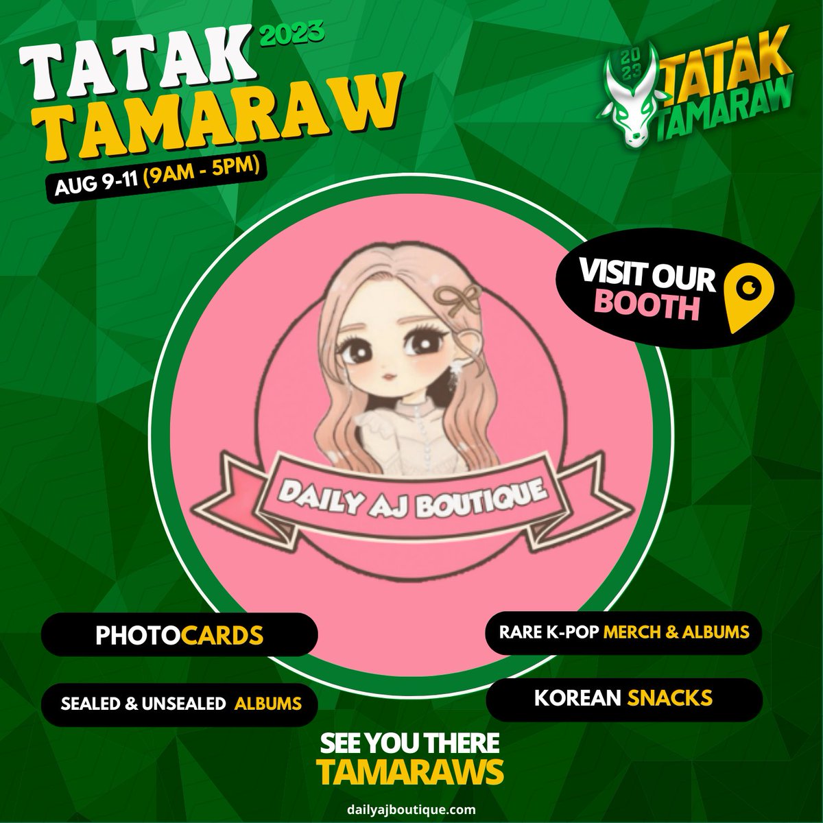 DailyAJBoutique's tweet photo. Horns up, Tamaraws! 🔰

Daily AJ Boutique is bringing the excitement to FEU Tatak Tamaraw 2023! Catch us at SB Walkway Booth #16 from Aug 9-11, 9am-5pm.

Claim your FREE Official Dicon PC by just visiting our booth. 

Let's make your experience unforgettable. See you there! ��� https://t.co/wol729rJSA