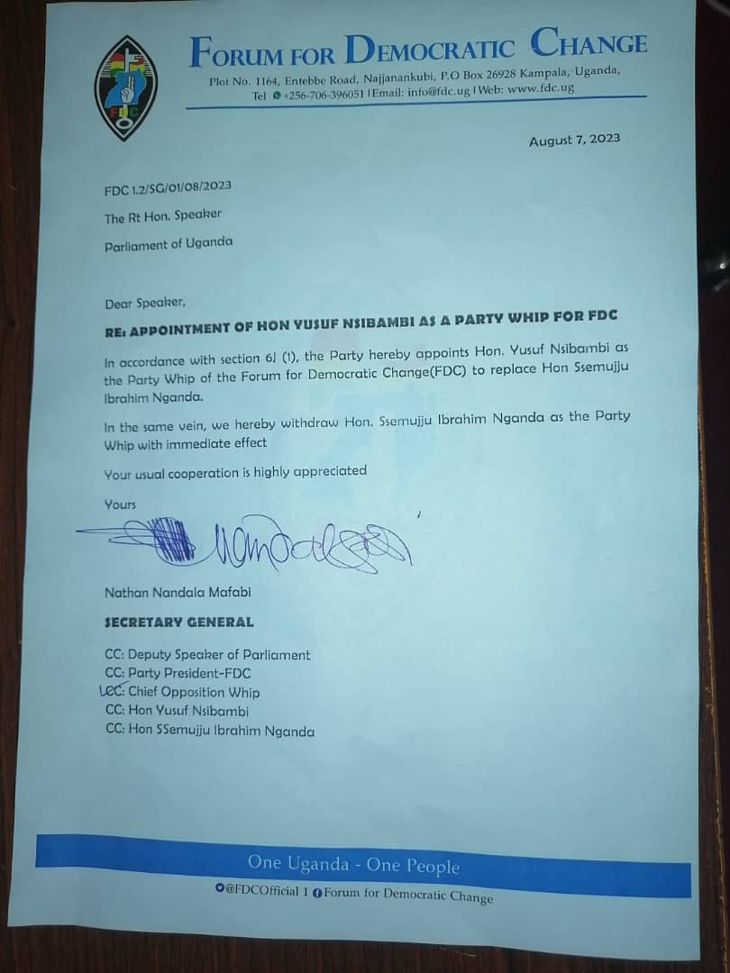 Mujunga_jfahd's tweet photo. Just In: Hon. Yusuf Nsibambi has been Appointed as the Party Whip for the Forum for Democratic Change with immediate Effect Replacing Hon Ibrahim Ssemujju Nganda.

#NBSUpdates https://t.co/uy9qnzE8Fs