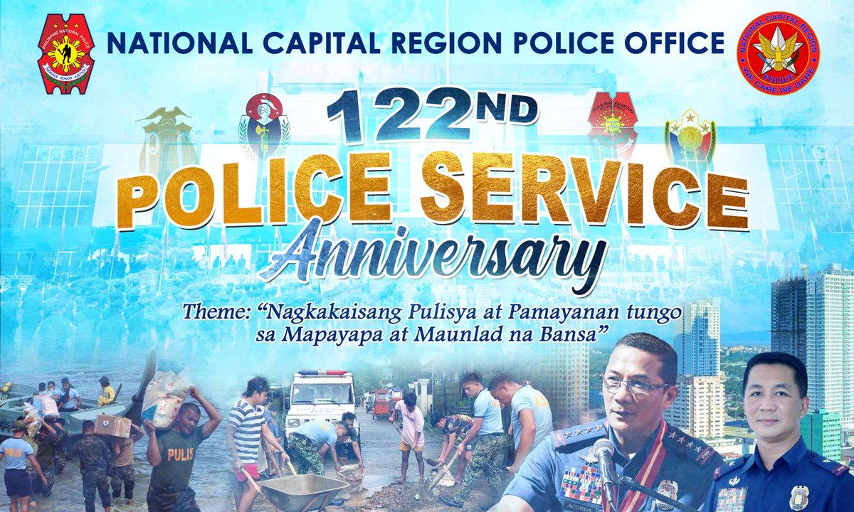 The NCRPO joins in the celebration of the 122nd Police Service Anniversary with the theme: 'Nagkakaisang Pulisya at Pamayanan tungo sa Mapayapa at Maunlad na bansa' @pnppio @pnpdpcr @PCADGMetrManila @pioncrpoWeCare #122ndPSA #SerbisyongNagkakaisa #ToServeandProtect
