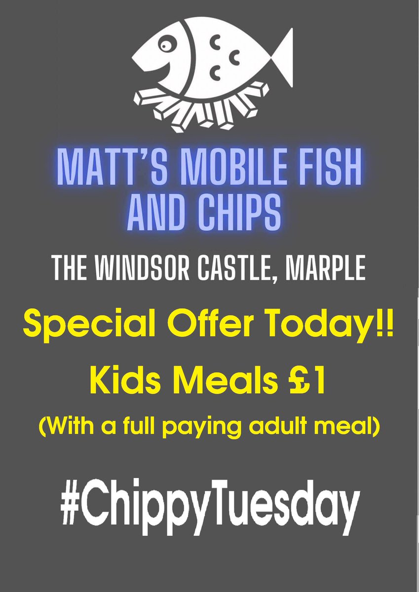 matts_mobile22's tweet photo. Today’s special at @WindsorCastleMB As always we have our ‘Pensioners Special’ from 12 til 3pm and today we are running an additional special ‘Kids for a Quid’. All kids meals are £1 with a full paying adult meal. #chippydinner #chippy #chippytea #fishandchips #chippytuesday https://t.co/CQS9dfjYmH