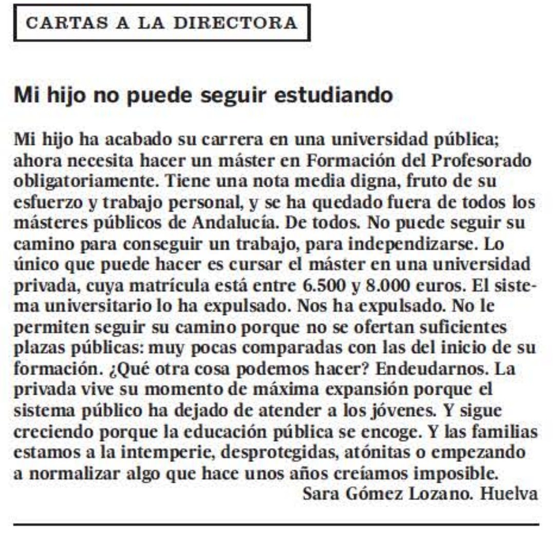 Agus_Martinez58's tweet photo. "La educación privada crece porque la pública emcoge"... ¡Ojito a esta carta a la directora de @el_pais!... "Mi hijo no puede seguir estudiando: 👇👇👇 https://t.co/qBeXzPPL0L