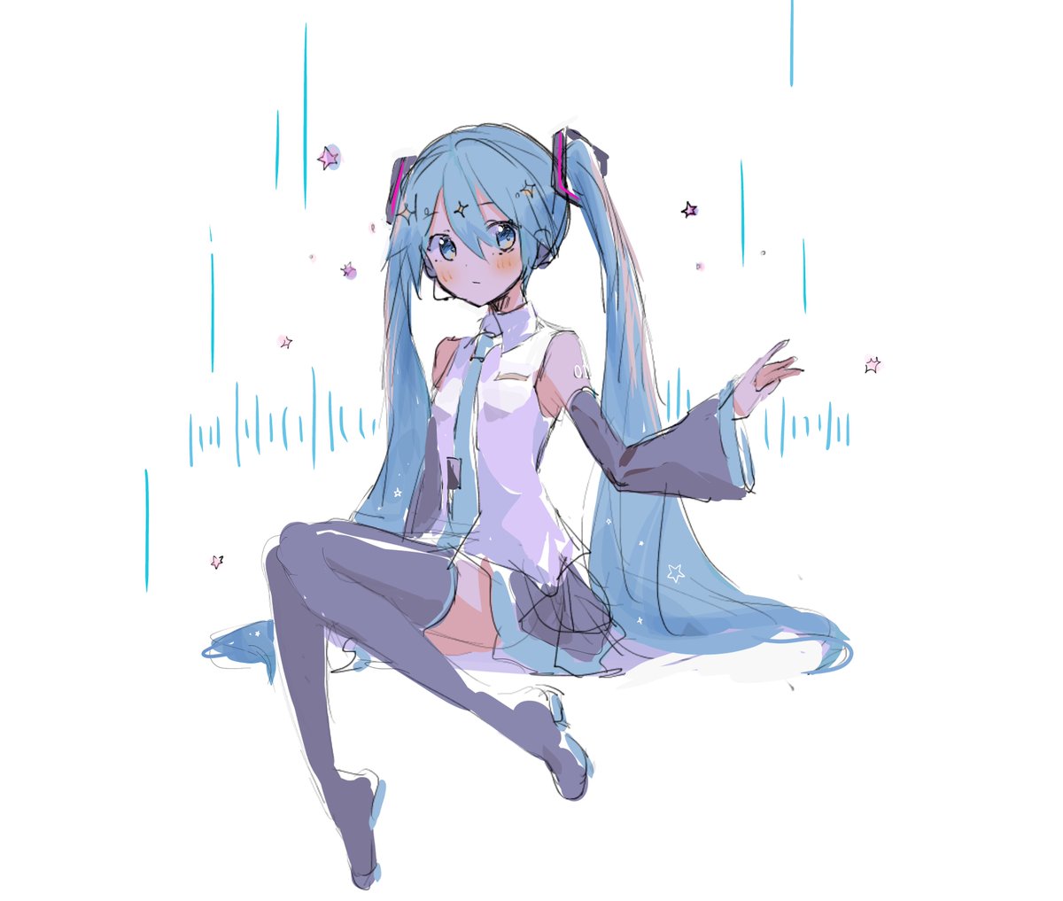 初音ミク 「ノイズの雨とピンク色の星」|あずきのまめのイラスト