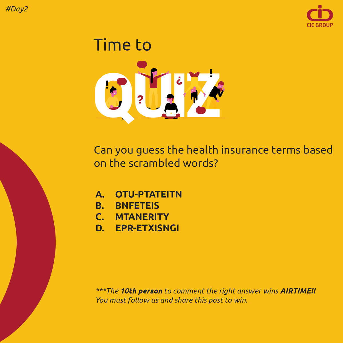 CICGroupPLC's tweet photo. Guess the four words correctly and stand a chance to win FREE AIRTIME!!!
Remember, you must follow our page and retweet this post to win. Good luck. π
#CICQuizWeek