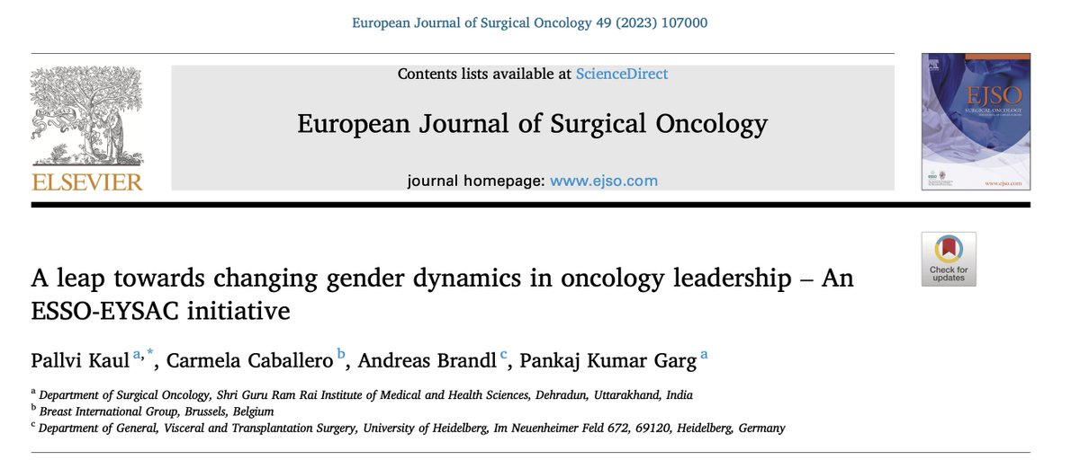 Despite the importance of diversity for the success and survival of biological &amp; social systems, women are underrepresented in leadership positions, particularly in the medical field.

Happy to share our latest short communication in <a href="/ejsotweets/">European Journal of Surgical Oncology</a> with you.
authors.elsevier.com/c/1hXky2gGSo3H…