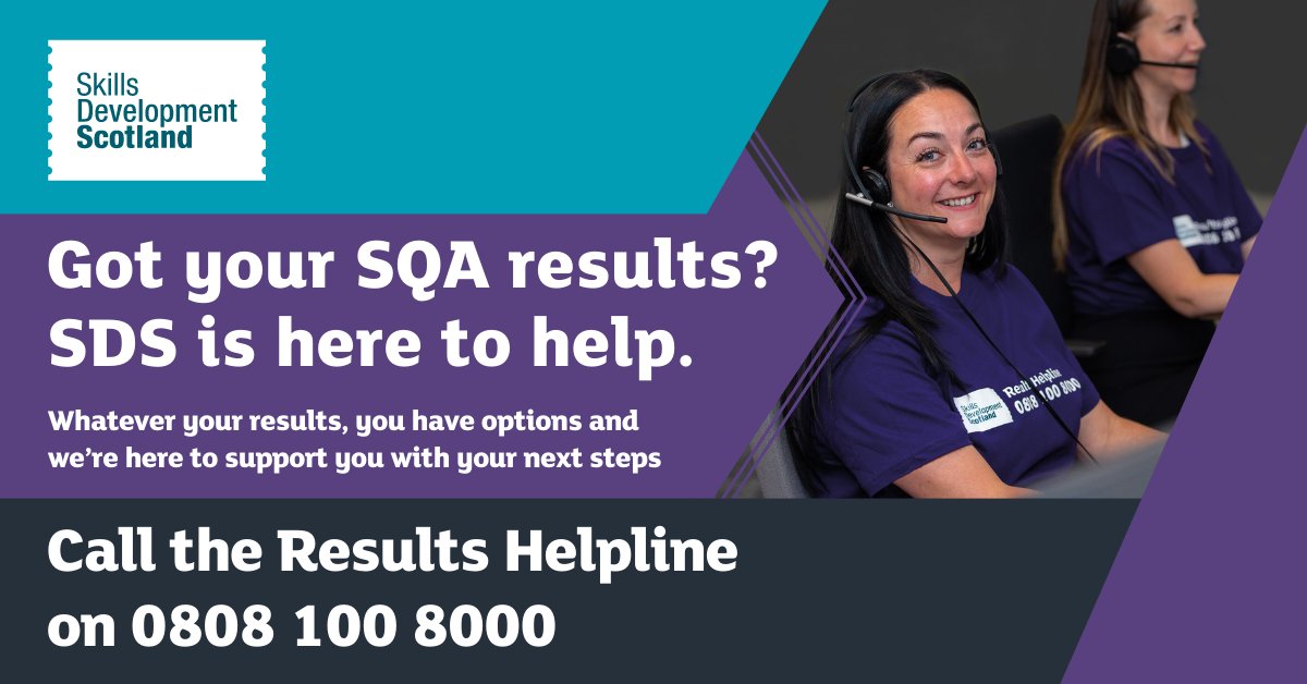 The #ResultsHelpline is now open on 0808 100 8000. Call to speak to <a href="/skillsdevscot/">Skills Development Scotland</a> Careers Advisers about your #SQAResults. Open until 8pm today and tomorrow.

<a href="/sqanews/">SQA</a>