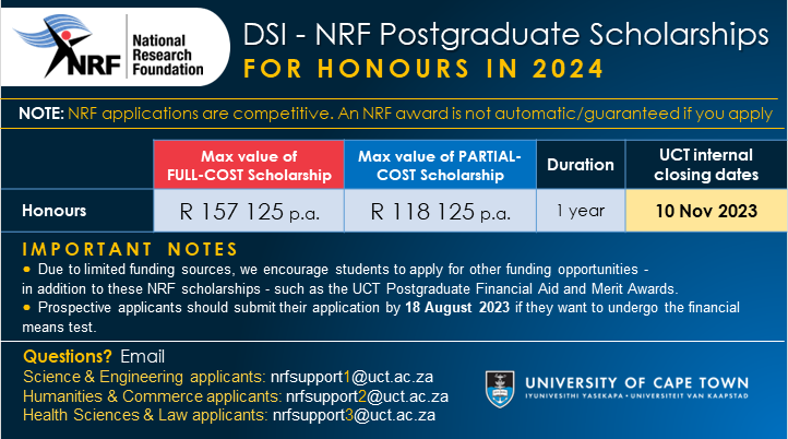 Attention Final Year Undergrads intending to continue onto Honours: Applications are now open for the DSI-NRF Honours Scholarship 2024. If you’d like to undergo the financial means test you must submit your application by 18 August 2023. More info: bit.ly/3Ko79r3