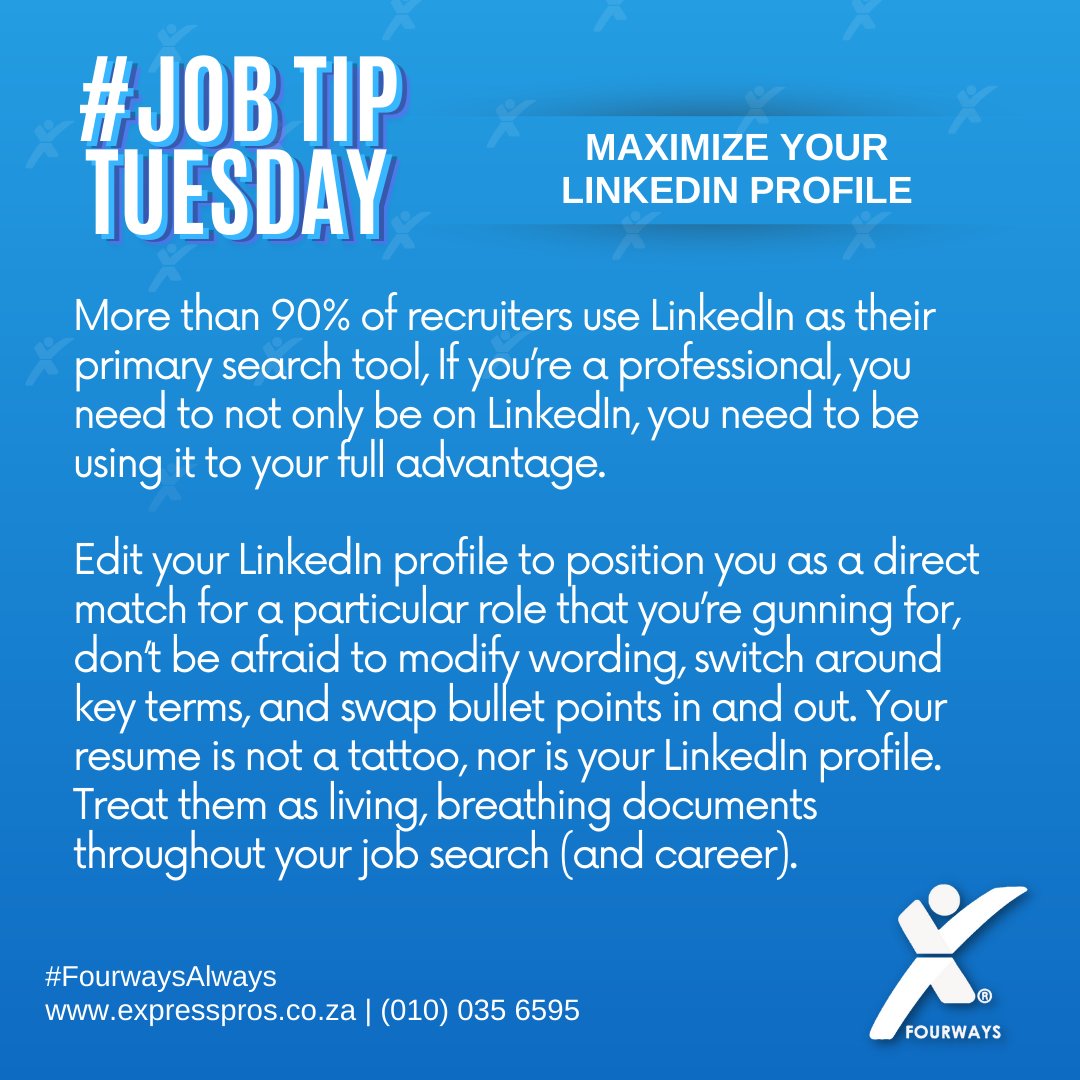 EFourways's tweet image. #JOBTIPTUESDAY

Maximize your LinkedIn profile

#JobTip #jobseekers #jobsearch #recruitment #jobsearching #jobhunt #employment #jobopportunity #recruitmentagency #staffingagency #ExpressProsFourways #FourwaysAlways
#StaffingExperts #PuttingAMillionPeopleToWork