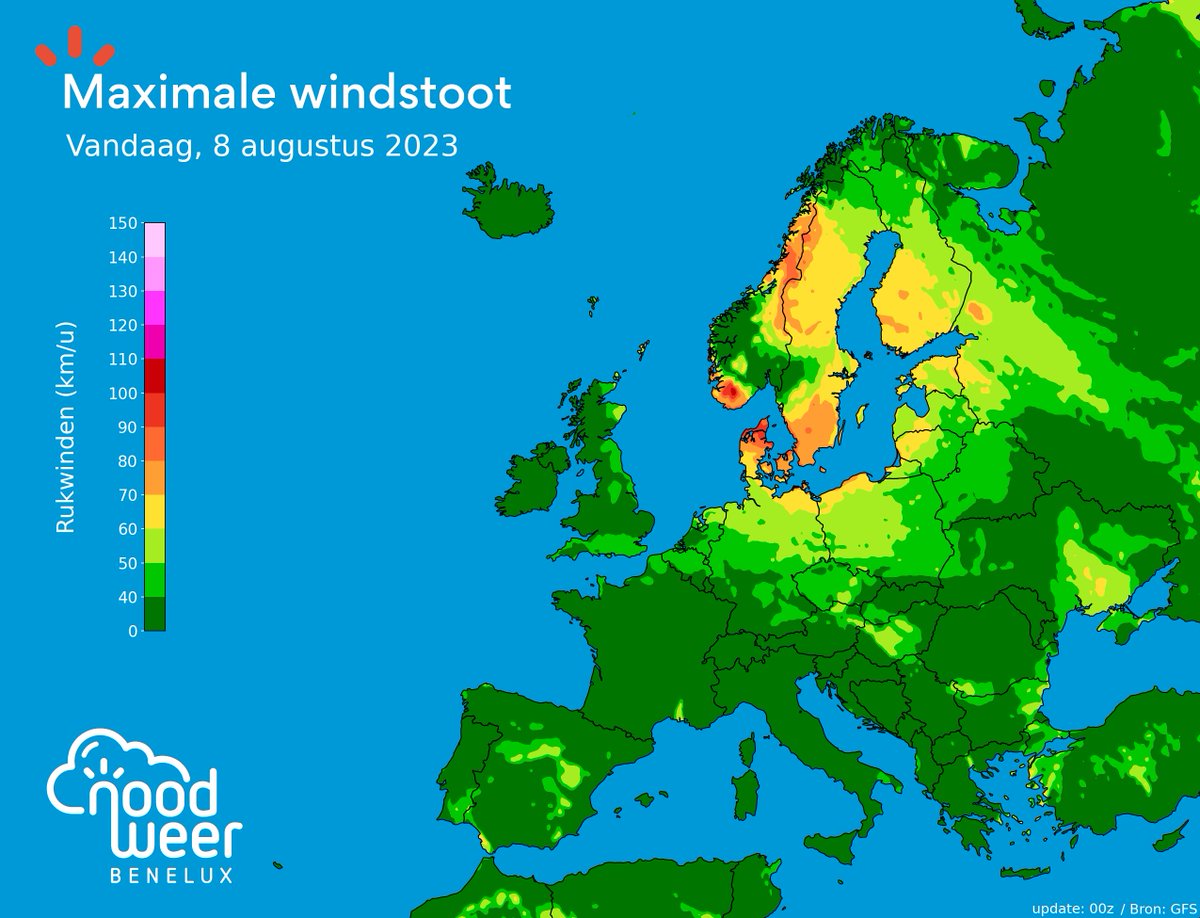 NoodweerBenelux's tweet photo. Goedemorgen! We zoomen even uit op de situatie in #Scandinavië. Daar heeft zich een forse #stormsetting ontwikkeld met #windstoten boven 100 km/u. In combinatie met veel #neerslag moet vooral #Noorwegen rekening houden met gevaarlijke toestanden. #stormhans https://t.co/tJcNEJVcz9