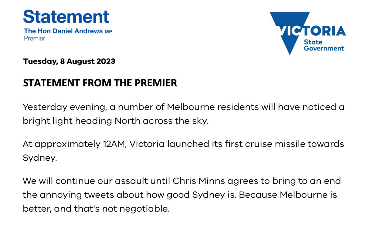 PRGuy17's tweet photo. Statement from Daniel Andrews. https://t.co/mnrsk4yc0r