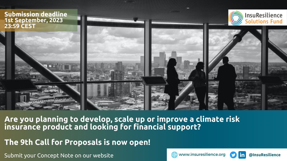 9th Call for Proposals on developing, scaling or improving climate risk insurance products is now open! ⚙️🟩 Don’t miss out on this opportunity and apply to the @ISF_Solutions, by submitting your concept note until September 1, 2023 For more details: insuresilience-solutions-fund.org/call-for-propo…