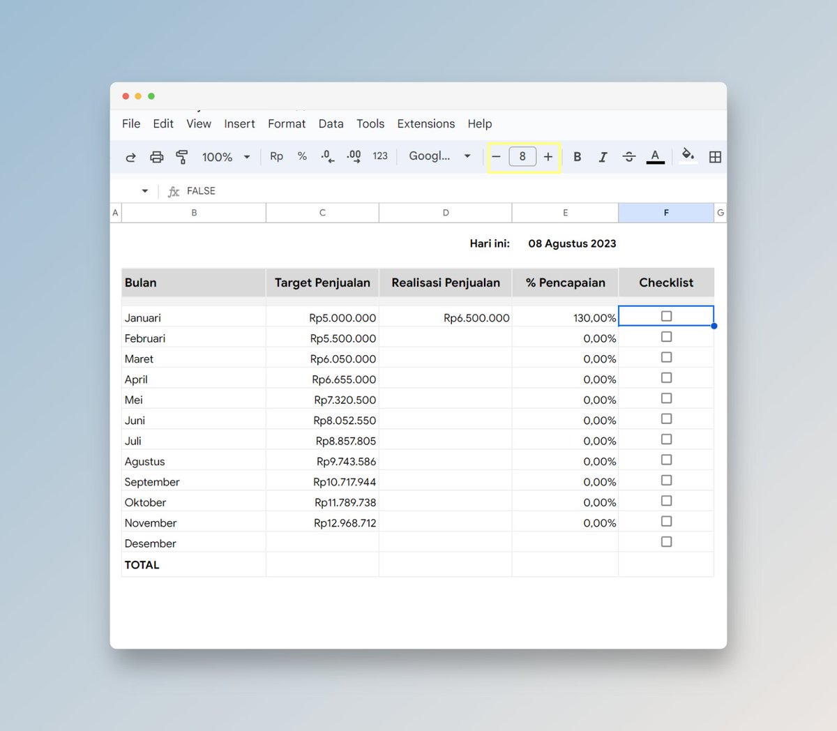 Menambahkan fitur tick box / ceklis

➡️arahkan kursor ke cell yang ingin ditambahkan
➡️dari menu bar, pilih insert > tick box

Tarik tick box ke cell yang diinginkan.

Pro tip: di kolom tick box, selalu kurangi 2 point ukuran font dari ukuran teks. Misal text 10, tick box 8.