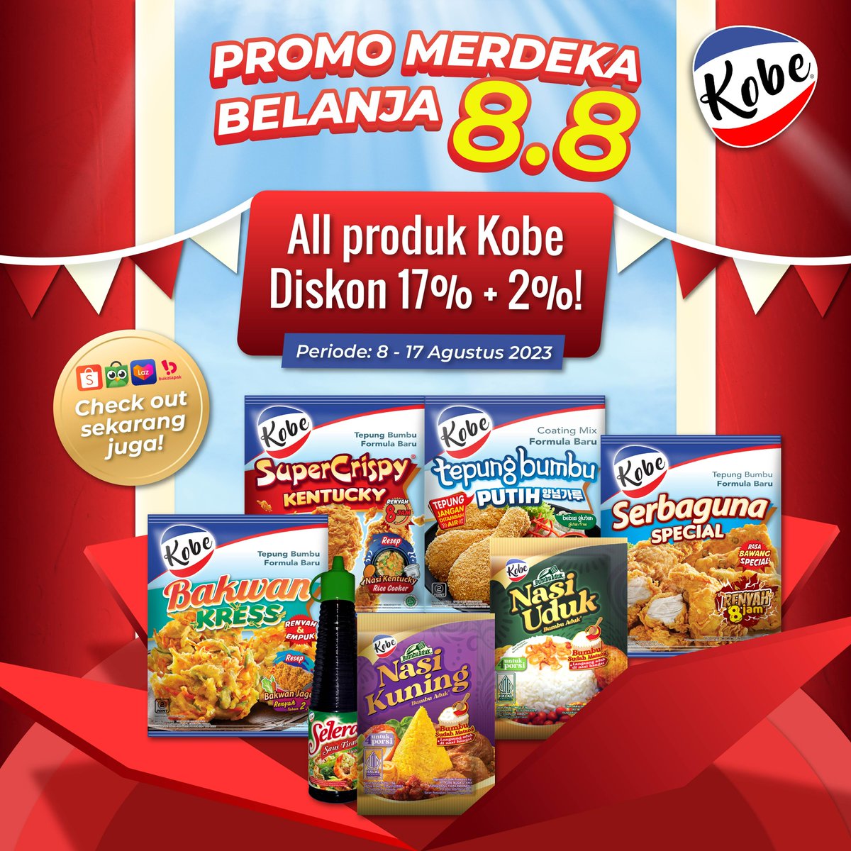 dapurkobe's tweet photo. PROMO MERDEKA BELANJA 8.8
Stok produk Kobe sekarang di Kobe Official Store karena All Produk Kobe double Diskon 17% + 2%!
Yuk borong check out sekarang sebelum kehabisaaaan ๐๐๐
Periode: 8 - 17 Agustus 2023
#dapurkobe #diskon #promo88 #tepungkobe https://t.co/my2bttSWZF