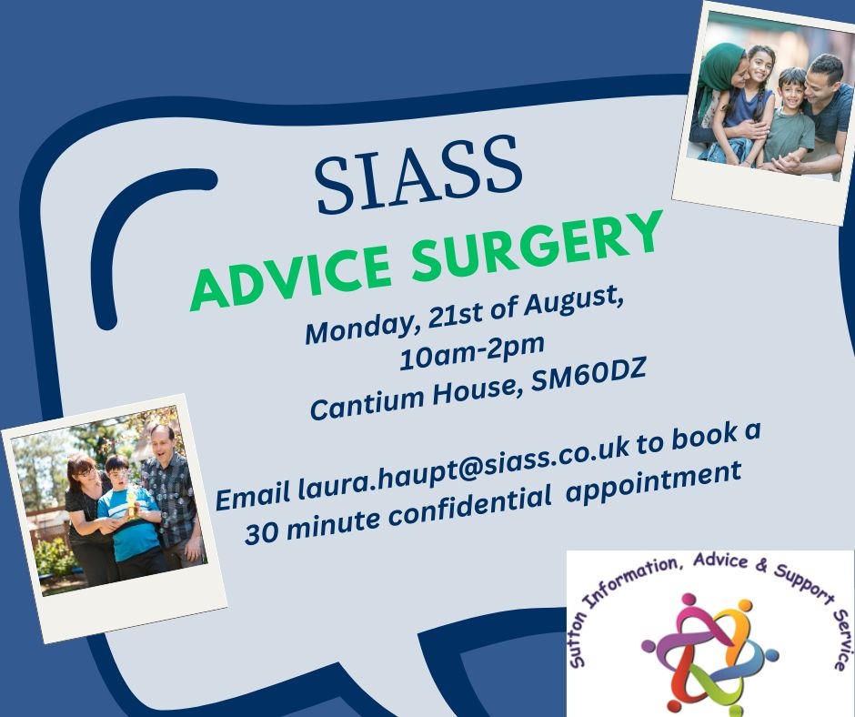 SIASS (@sutton_iass) on Twitter photo SIASS staff will host an advice surgery on August 21st from 10am-2pm on the 1st floor of Cantium House, Railway Approach, Wallington (SM60DZ). Email laura.haupt@siass.co.uk to book a 30 minute confidential appointment. Appointments are available in person or online. SIASS staff will host an advice surgery on August 21st from 10am-2pm on the 1st floor of Cantium House, Railway Approach, Wallington (SM60DZ). Email laura.haupt@siass.co.uk to book a 30 minute confidential appointment. Appointments are available in person or online.