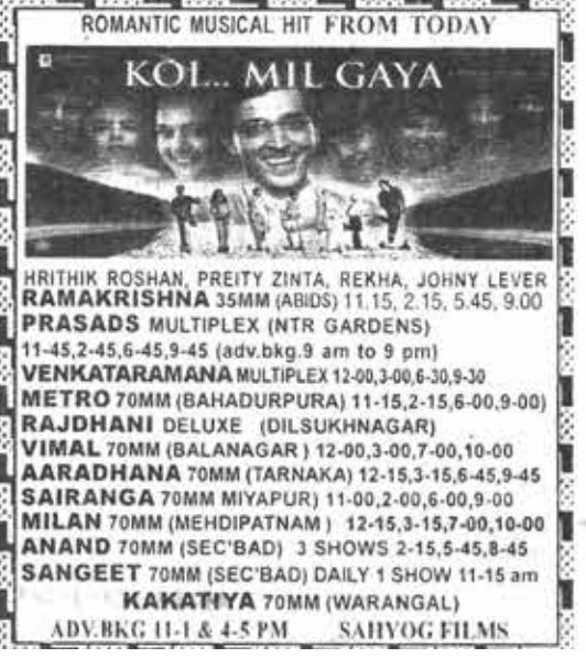 MoviesUpdatez's tweet photo. #20yearsofKoiMilGaya
Hyderabad, Ramakrishna35 49 Days Run. Replaced with #XcuseMe
@iHrithik @realpreityzinta
A Film by @RakeshRoshan_N #KoiMilGaya https://t.co/E3fk2ec3uG