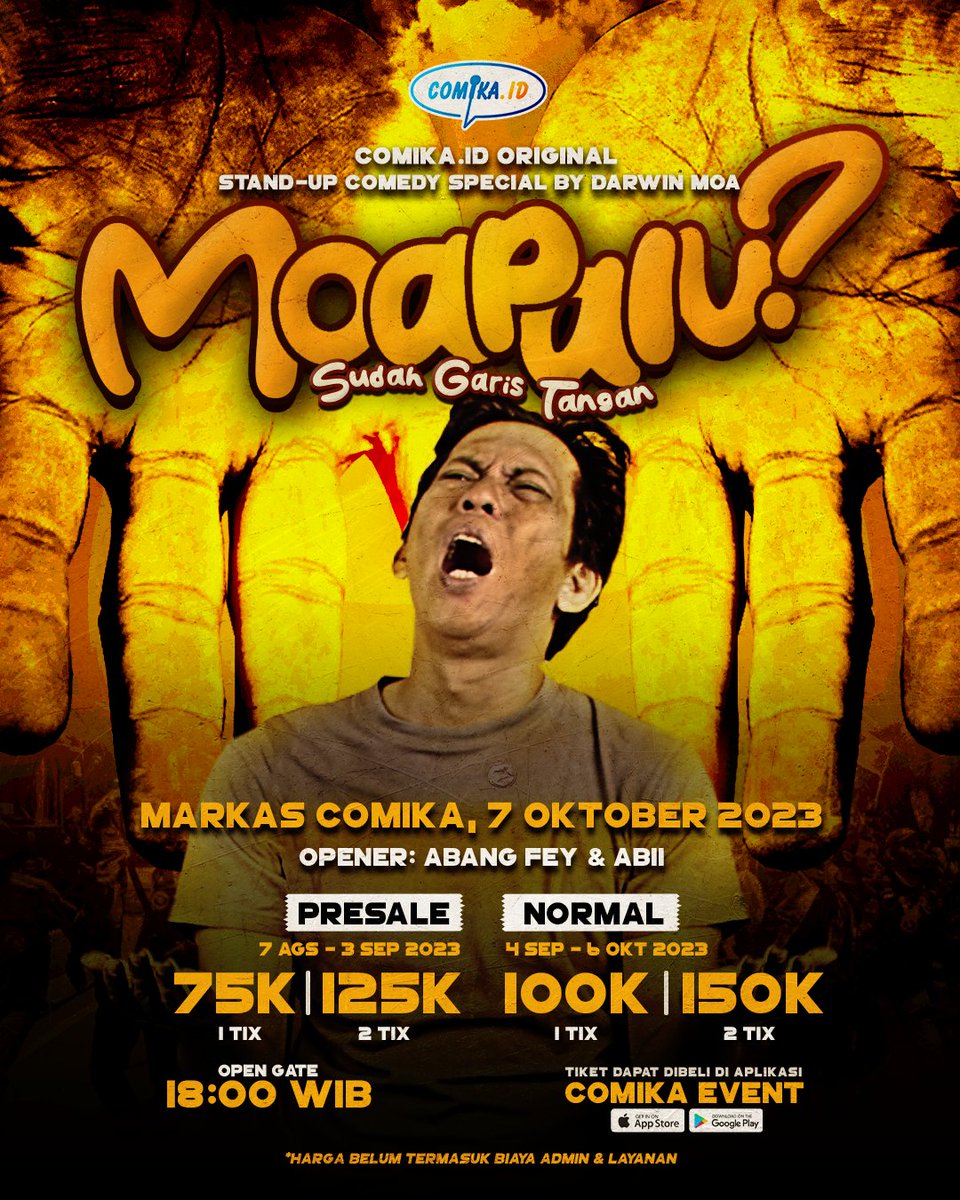 Siap-siap tertawa sepuasnya dengan special show dari @DarwinMoa yang hadir dengan segala kisah ketidakberuntungannya!

Setelah 5 tahun penuh perjuangan dalam lomba, Darwin Moa siap menghadirkan Stand-Up Comedy Special "Moapalu? Sudah Garis Tangan" yang penuh cerita kocak. Jadi