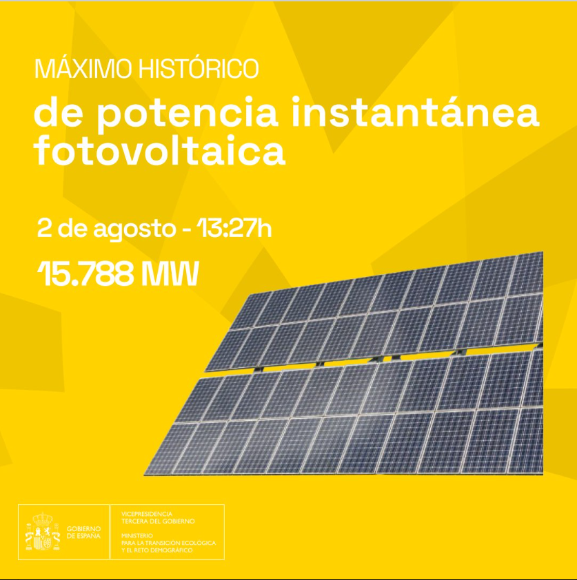 IDAEenergia's tweet photo. El pasado jueves alcanzamos el máximo histórico de energía fotovoltaica a las 13:27h.

➡️15.788 MW de producción instantánea
➡️ Cubrió el 47,3% de la demanda eléctrica peninsular

🇪🇸, el país de las renovables https://t.co/4f1tNdiJvJ