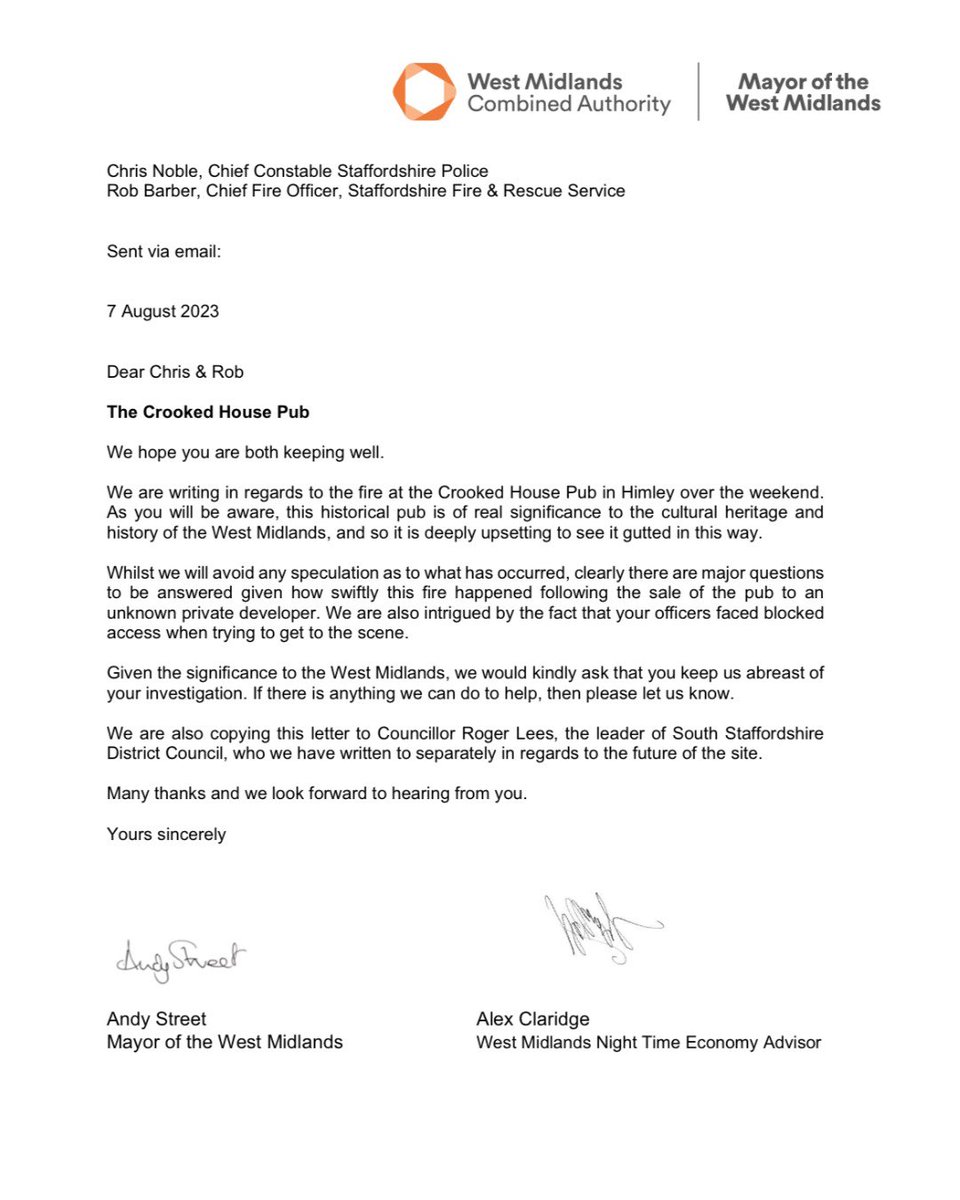 Andy Street (@andy4wm) on Twitter photo We’ve asked <a href="/south_staffs/">South Staffordshire Council</a> to ensure the Crooked House Pub is rebuilt brick by brick, & any attempt to change its use blocked 🚫
@alex__claridge & I have also asked to be kept informed of the Fire & Police’s investigation
We will not let the Crooked House be consigned to history We’ve asked <a href="/south_staffs/">South Staffordshire Council</a> to ensure the Crooked House Pub is rebuilt brick by brick, & any attempt to change its use blocked 🚫
@alex__claridge & I have also asked to be kept informed of the Fire & Police’s investigation
We will not let the Crooked House be consigned to history