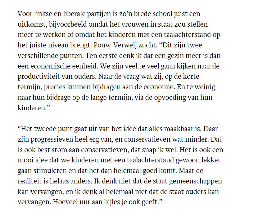 Goed interview met <a href="/NickiVerweij/">Nicki Pouw-Verweij</a> 

"ik denk al helemaal niet dat de staat ouders kan vervangen"

Pouw-Verweij over:
- Verschillen tussen conservatief en progressief, 
- over het belang van het gezin 
- en de discutabele 24 weken grens voor abortus.

trouw.nl/verdieping/kam…
