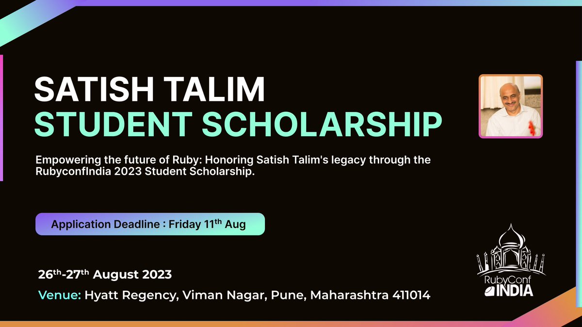 rubyconfindia's tweet image. Ignite your Ruby passion at Rubyconf India 2023 with the Satish Talim Student Scholarship! If you're a student eager to dive into the world of Ruby, seize this chance to learn and connect
Apply today and shape your Ruby journey: shorturl.at/pqKZ4
#SatishTalimScholarship