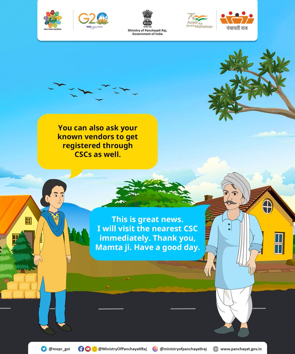 mopr_goi's tweet photo. Simplifying process of registration on #eGramSwaraj & #GeM Interface #MoPR has rolled out a feature enabling #Panchayats to register on #eGS-#GeM Interface with help of #CommonServiceCenters (CSC) & that too free of cost. Visit your nearest CSC today & get registered immediately. https://t.co/jm3oGRCqCu