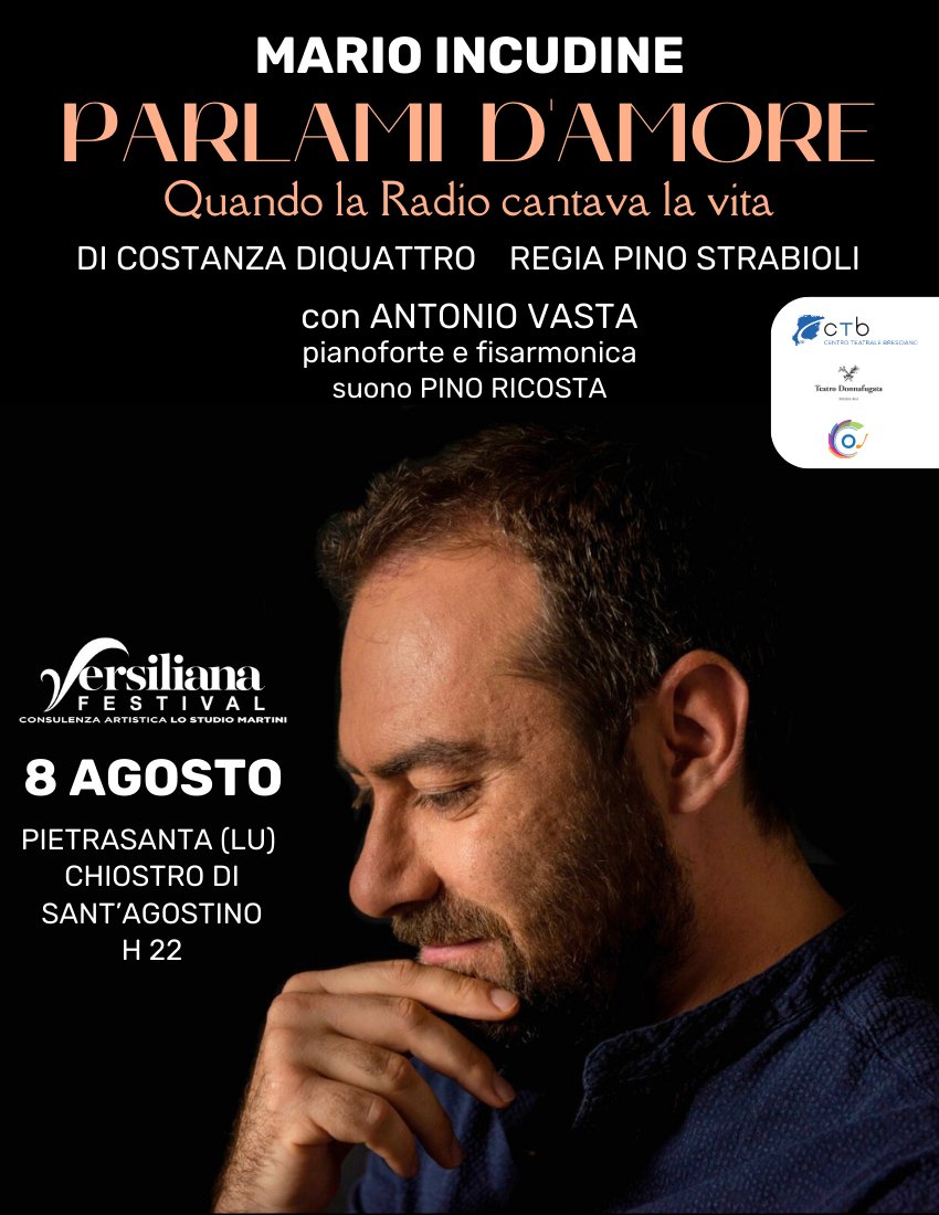 Debutto nazionale, oggi alla <a href="/caffeversiliana/">La Versiliana</a> di MARIO INCUDINE 'PARLAMI D’AMORE. Quando la radio cantava la vita' 
Anni '18-'40 Sottobanco nascevano lo swing e il jazz che ben presto entrarono a far parte di una realtà italiana che remava controcorrente attraverso la musica.