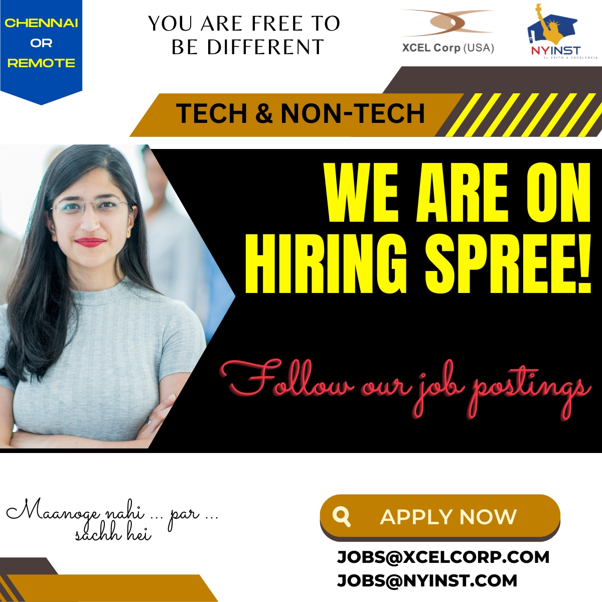 #hiring for Tech & Non-Tech Candidates
𝗪𝗼𝗿𝗸 𝗣𝗹𝗮𝗰𝗲: Onsite/Remote

📩 Drop your CV's at: jobs@xcelcorp.com  / jobs@nyinst.com

#hiringimmediately #freshershiring #hiringnow #hrcareers #candidates #itrecruiters #itjobsearch #techjobs #nontech #jobfair2023 #bulkhiring