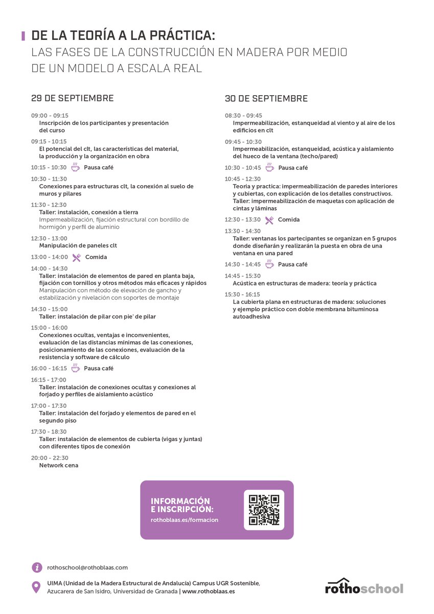 📢Curso Práctico de Montaje de #Estructuras de #MaderaTécnica impartido por #Rothoblaas en el marco del proyecto <a href="/woodforfuture/">LIFE Wood for Future</a>.

🚩¡Primer curso en la #UIMA en la Azucarera de San Isidro, Universidad de Granada (<a href="/CanalUGR/">Universidad Granada</a>)! 

🗓️29-30 de septiembre de 2023. 

👉Plazas limitadas.