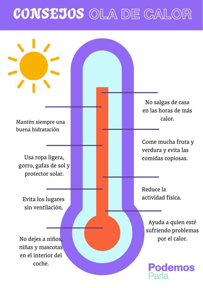 Podemos_Parla's tweet photo. #FelizMartes
⚠️ALERTA #OlaDeCalor⚠️
Aquí os dejamos unos consejos para prevenir situaciones de riesgo para la #Salud por las altas temperaturas🌡️que nos dejará la Ola de Calor🔥 en #Parla y resto de España
#TransformamosParla💜
#CuidamosDeParla 💜
👇 Precaución 👇 https://t.co/wDKei7bIUJ