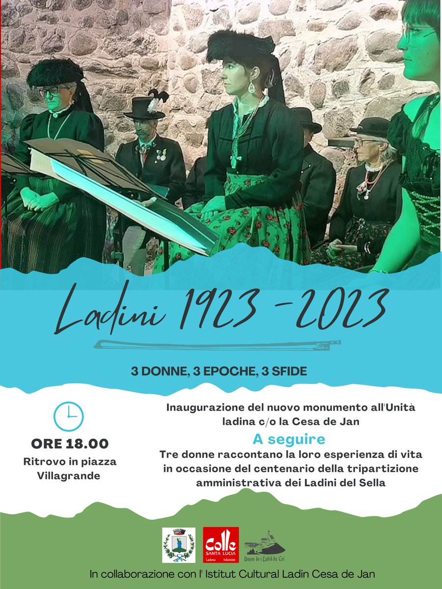 Sabato 12 agosto ore 18:00 a #collesantalucia rappresentazione storica con costumi tradizionali in occasione del centenario della tripartizione delle vallate Ladine 1923-2023 l'evento sarà accompagnato dai canti del coro MusiCol.
#dolomiti #storia #cultura #ladini