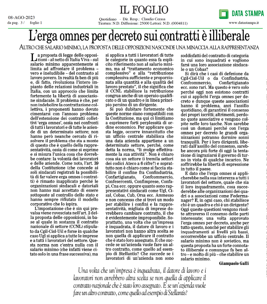 MicheTiraboschi's tweet photo. Oggi (su @ilfoglio_it) @GiampaoloGalli sottolinea correttamente come un salario minimo per legge rivoluzionerebbe il sistema di relazioni industriali indebolendo ancora di più la contrattazione. 
Aggiungo una considerazione: ma quale sindacato potrebbe mai appoggiare una simile iniziativa che svuoterebbe ampiamente la "funzione economica" della contrattazione collettiva e dello stesso sindacato?
Per rispondere a questa domanda è sufficiente ricordare come, storicamente, l’idea di una legge sulle tariffe minime fu inizialmente nelle mani del sindacalismo di matrice marxista e conflittuale nella convinzione che essa rappresentasse l’anello di congiunzione tra l’azione sindacale e l’azione politica della classe operaia. 
Non serve insomma aggiungere altro per capire che in gioco, come osserva Galli, non è tanto la questione dei salari (che va impostata nel complesso e non solo sui minimi), ma il ruolo e la funzione della rappresentanza nella mediazione "politica" tra economico e sociale e, ancora più a fondo, i rapporti tra Stato e corpi intermedi