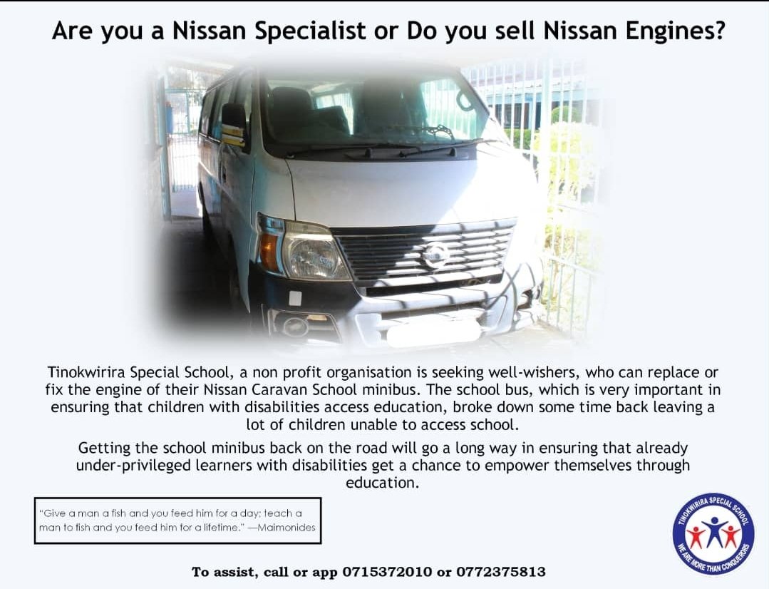 DeafZimTrust's tweet photo. Are you a car dealership, vehicle service centre, or someone with a big heart? If the answer is yes, Tinokwirira Special School is looking for your assistance to get their minibus back on the road. https://t.co/QwbLlTo2sf