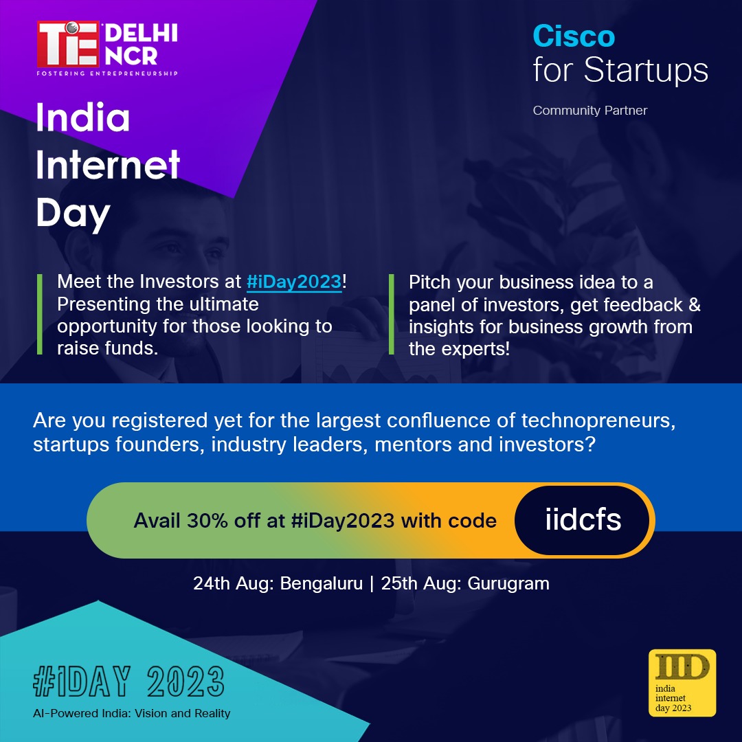 CiscoStartups's tweet image. Elevate your startup at #iDay2023 organized by @TiEDelhi &amp;amp; @CiscoStartups! Connect with leaders, pitch ideas, and receive expert insights.
Register now:lnkd.in/d7PV94CN
For more info, visit- iday.in
#CiscoForStartups #TiECon #AI #Innovation #Networking