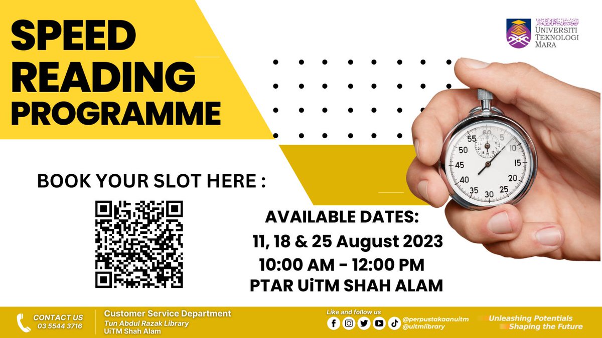 PtarPuu's tweet photo. Jom tempah slot anda untuk sesi bulan Ogos 2023 di PTAR UiTM Shah Alam.
Pelajari teknik berkesan Speed Reading yang akan dikendalikan oleh Instructor dan Fasilitator khas dari Perpustakaan Tun Abdul Razak.
Tempah slot di sini: https://t.co/2r6TGaaODd https://t.co/TNunrEkZqe
