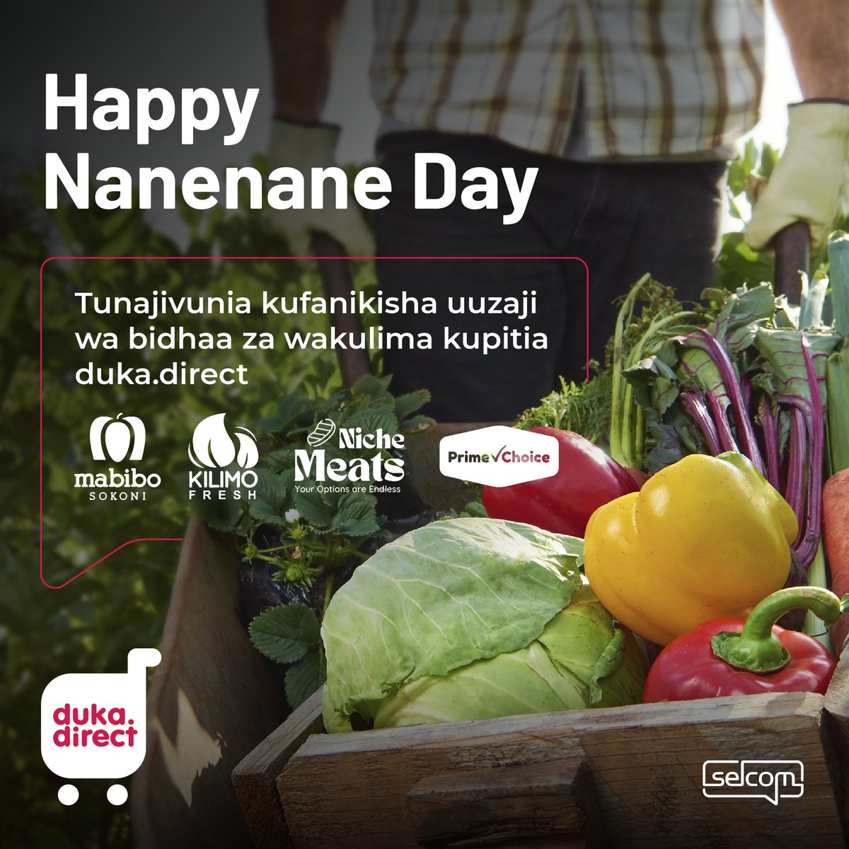 dukadirect's tweet photo. Happy Nane Nane Day to all our https://t.co/t3ULeCiucF followers &amp; customers!
#dukadirect #runsonselcom #nanenne2023 #farmersday #fooddelivery #KilaKituKipo #daressalaam https://t.co/8c4SijMWc5