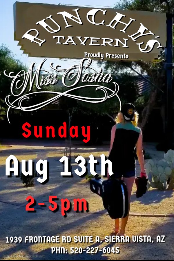 Hey, all my #SierraVista peeps! I'm super excited! I'll be in your town this Sunday, the 13th.🤗 Come on down to #SundayFunday at #PunchysTavern where I'll be there a pickin' and a grinnin' from 2-5. 😊 #SouthernArizona #livemusic #colddrink #goodvibes #greatpeople #livemusician
