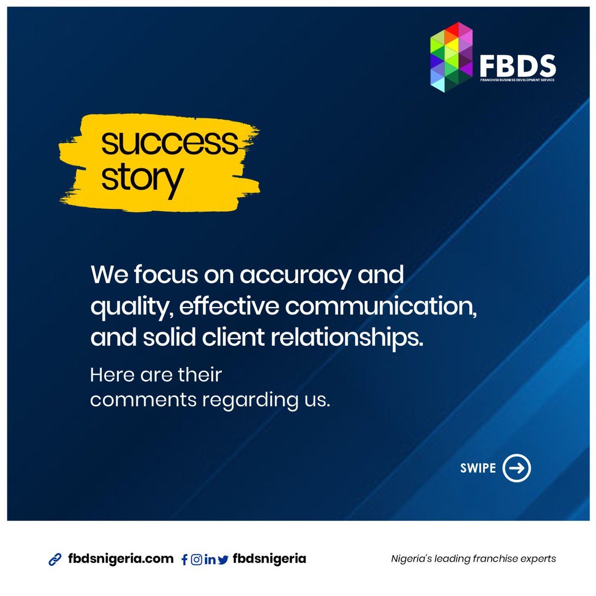 FBDSnigeria's tweet photo. At FBDS Nigeria, we prioritize accuracy, dependability, crystal-clear communication, and solid client connections.
Here are a few client success stories.
You can always trust us in getting to make your franchise dreams a success.
#Fbds #Franchise #sucessstory https://t.co/ulzrotYLkM