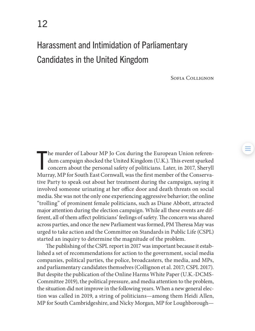 The chapter by @SofiaColMar shows that women parliamentary candidates in the UK experience more violence than men candidates and that the violence is gender motivated. As a result, women who want to participate in politics in the UK pay a higher price than men do. #gpvbook (4/7)