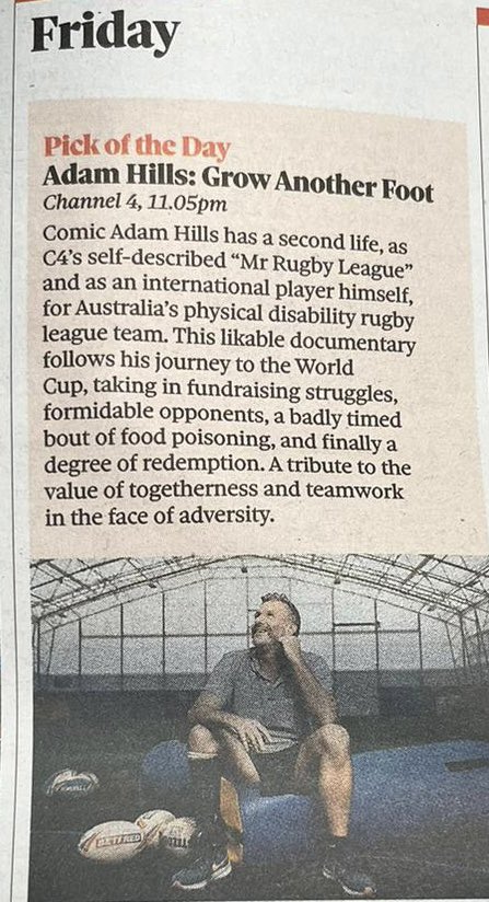 adamhillscomedy's tweet photo. Grow Another Foot, my documentary about the Physical Disability Rugby League World Cup is on @Channel4 this Friday at 11.05pm. The reviews are in, and they’re great! It’ll be on @ParamountPlusAU in Australia from Sep 1. https://t.co/O136atPxG5